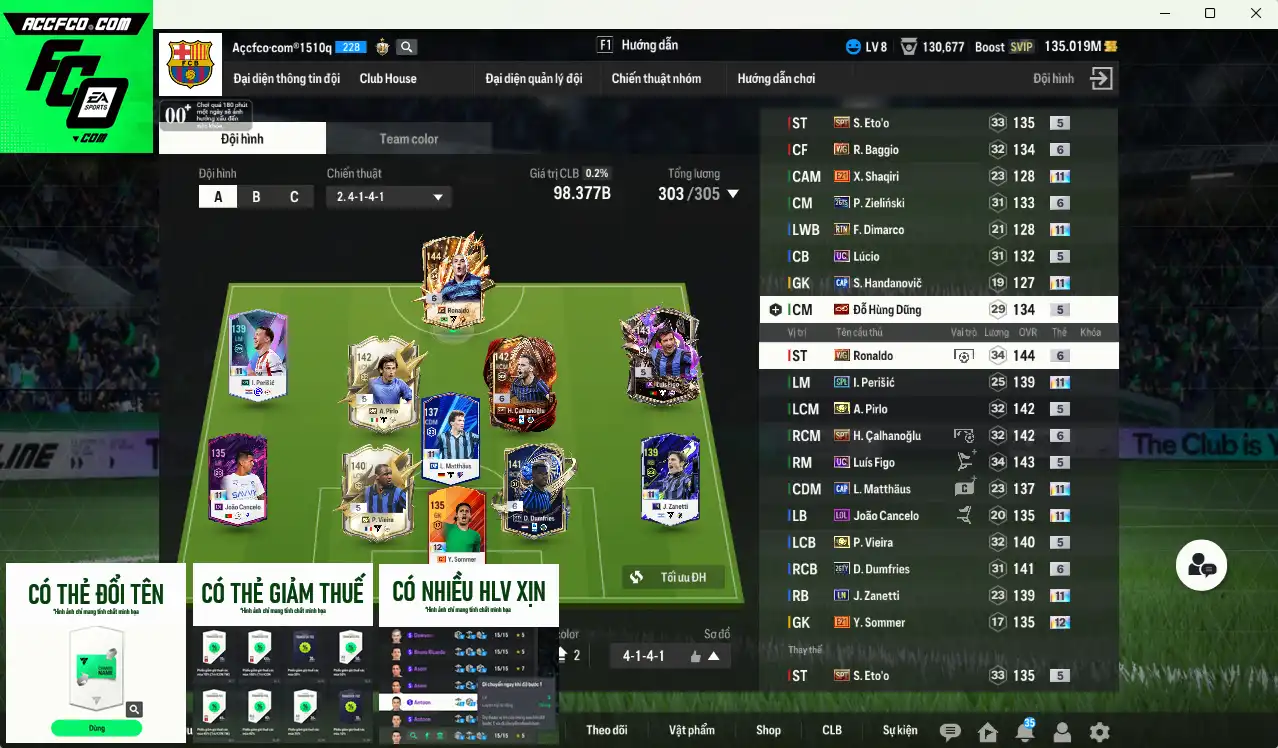 Inter Milan 98.377b có Vieira ITM, Dumfries 26TY+6, Pirlo ITM, Figo UC, Ronaldo WG+6, Cancelo LOL+11, Matthaus CAP+11, Eto SPT, Perisic SPL+11, Calhanoglu SPT+6, Eto SPT, Baggio WG+6… Còn thẻ GIẢM THUẾ. HLV Xịn, gần full đào tạo chiến thuật