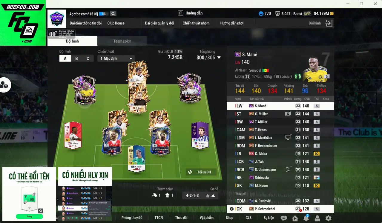 Bayern Munich 7.245b có Matthaus WG+6, G. Muller WG+6, Mané UC, Beckenbauer WG, Upamecano 26TS, T. Muller UC… HLV Xịn