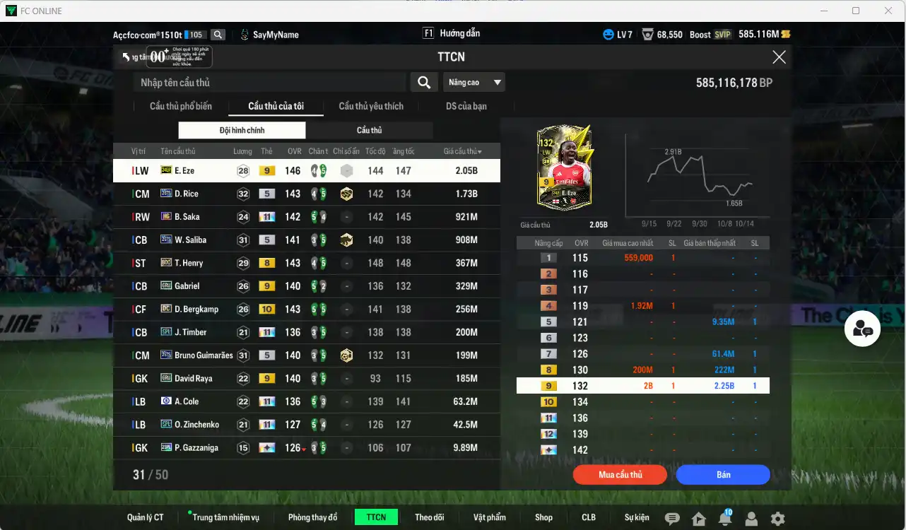 Ảnh Arsenal 7.277b có Eze 24EP+9, Rice 26TS, Saka HG+11, Saliba 26TS… Có thẻ đổi tên. HLV Xịn
