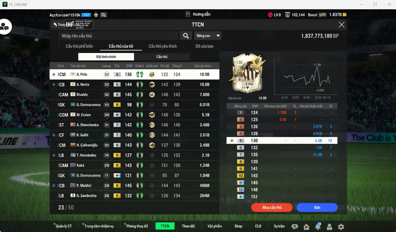 Ảnh AC Milan 57.687b dư 1,8b có Rivaldo ITM+6, Nesta ITM, Pirlo ITM, Sheva WG+7, Essien ITM+6, Gullit FAC+7, Calhanoglu SPT+6… Full miniface, còn thẻ GIẢM THUẾ. HLV Xịn, dư nhiều CP, đã full đào tạo chiến thuật vs chỉ số ct