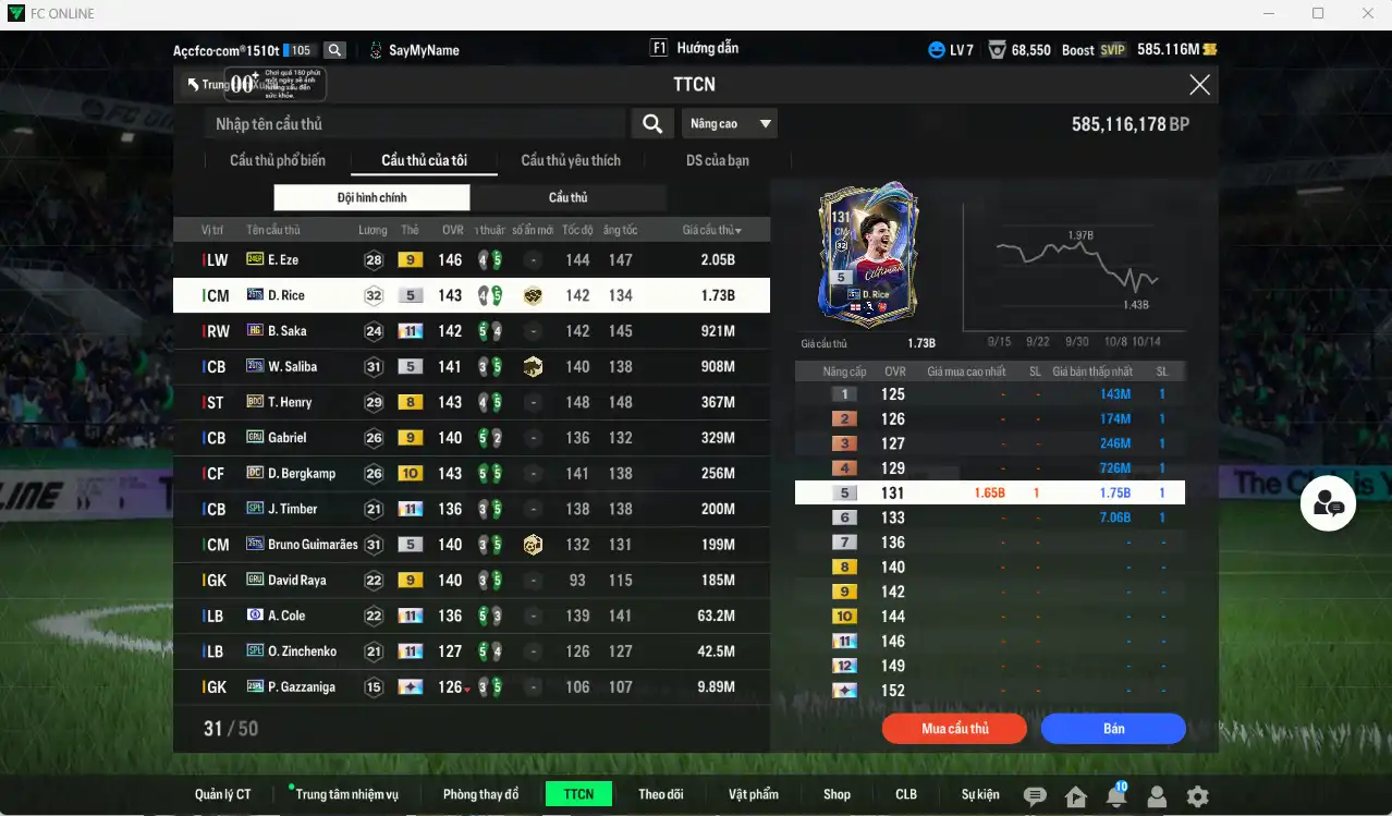 Ảnh Arsenal 7.277b có Eze 24EP+9, Rice 26TS, Saka HG+11, Saliba 26TS… Có thẻ đổi tên. HLV Xịn