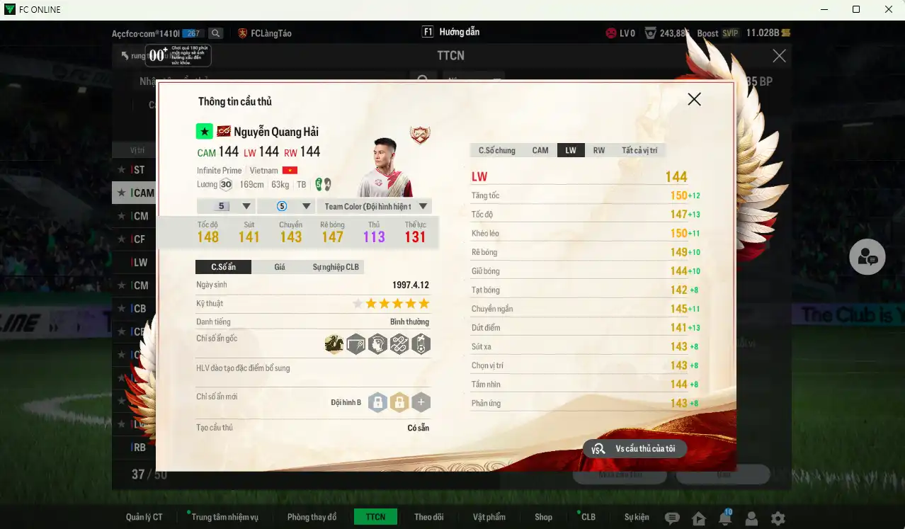 Ảnh Team Việt Nam có Hùng Dũng IP, Quang Hải IP vs 11,02b BP trắng, có thẻ đổi tên, full miniface, còn nhiều thẻ GIẢM THUẾ. HLV Siêu Xịn, đã full đào tạo chiến thuật, dư rất nhiều CP và TC
