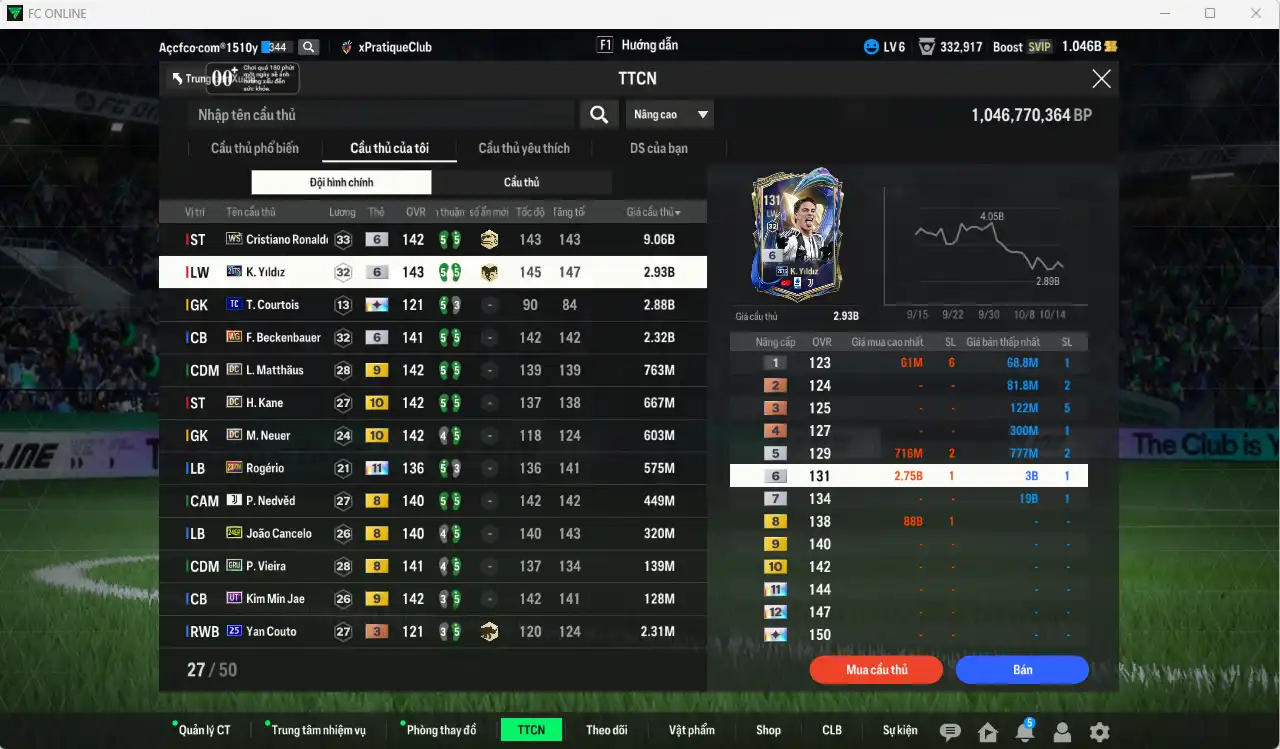 Ảnh Quốc Dân 20.840b dư 1b có CR6 WS+6, Yildiz 26TS+6, Beckenbauer WG+6, Matthaus DC+9, Kane DC+10, Rogério HW+11… Còn nhiều thẻ GIẢM THUẾ. HLV Xịn, dư nhiều CP, đã full đào tạo chiến thuật vs chỉ số ct