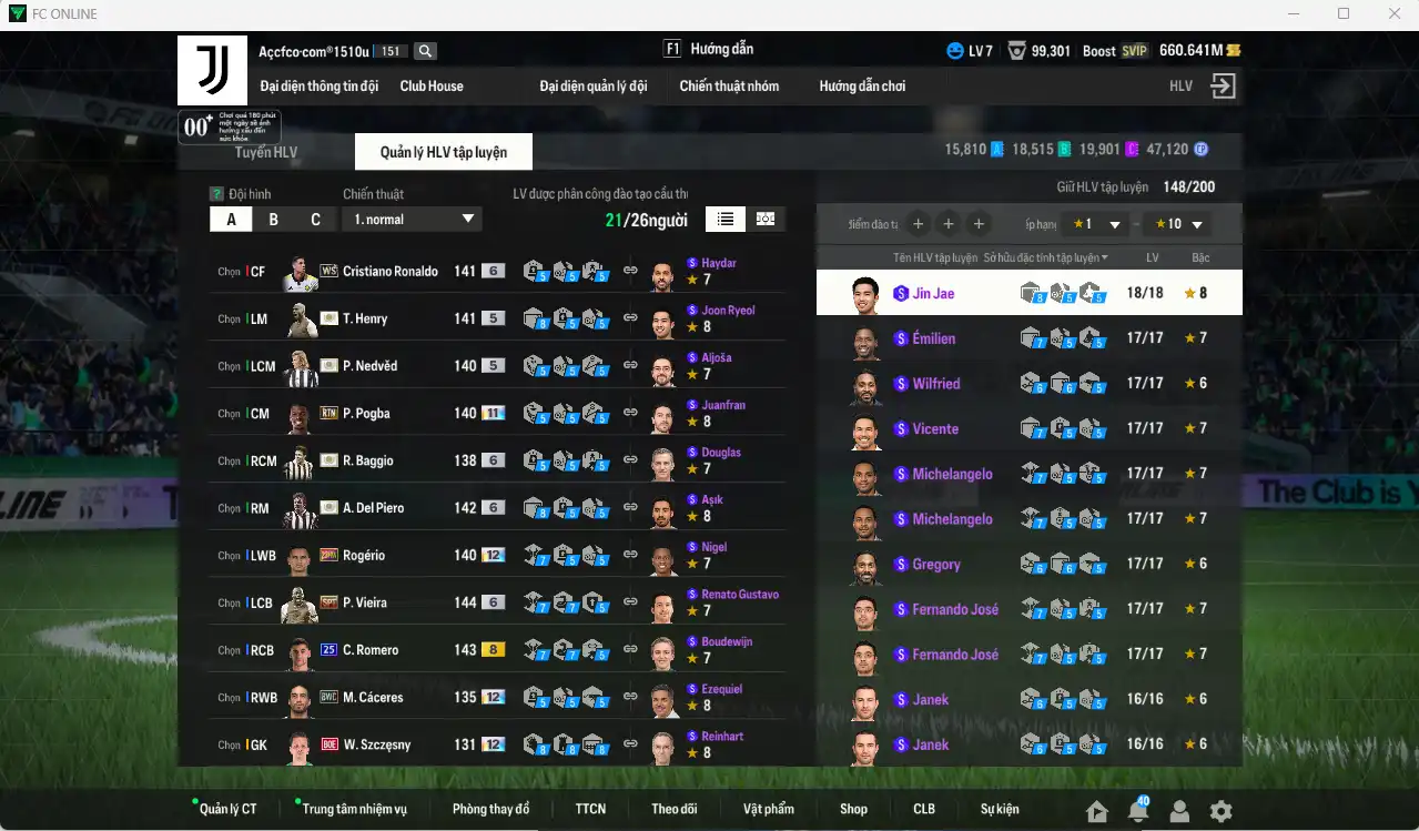 Ảnh [Tặng 100FC] Juventus 159.679b có Henry ITM+5, Nedved ITM+6, Baggio ITM+6, Del Piero ITM+6, Pogba RTN+11, Cáceres BWC+12, Romero 25UCL, Ibrahimovic WG, Zambrotta ITM+6…Còn thẻ GIẢM THUẾ vs coin ITM. HLV Siêu Xịn, đã full đào tạo chiến thuật vs chỉ số cầu thủ