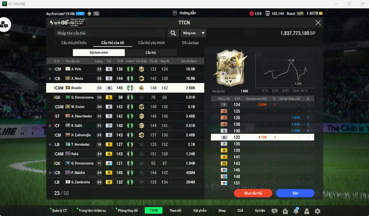Ảnh AC Milan 57.687b dư 1,8b có Rivaldo ITM+6, Nesta ITM, Pirlo ITM, Sheva WG+7, Essien ITM+6, Gullit FAC+7, Calhanoglu SPT+6… Full miniface, còn thẻ GIẢM THUẾ. HLV Xịn, dư nhiều CP, đã full đào tạo chiến thuật vs chỉ số ct