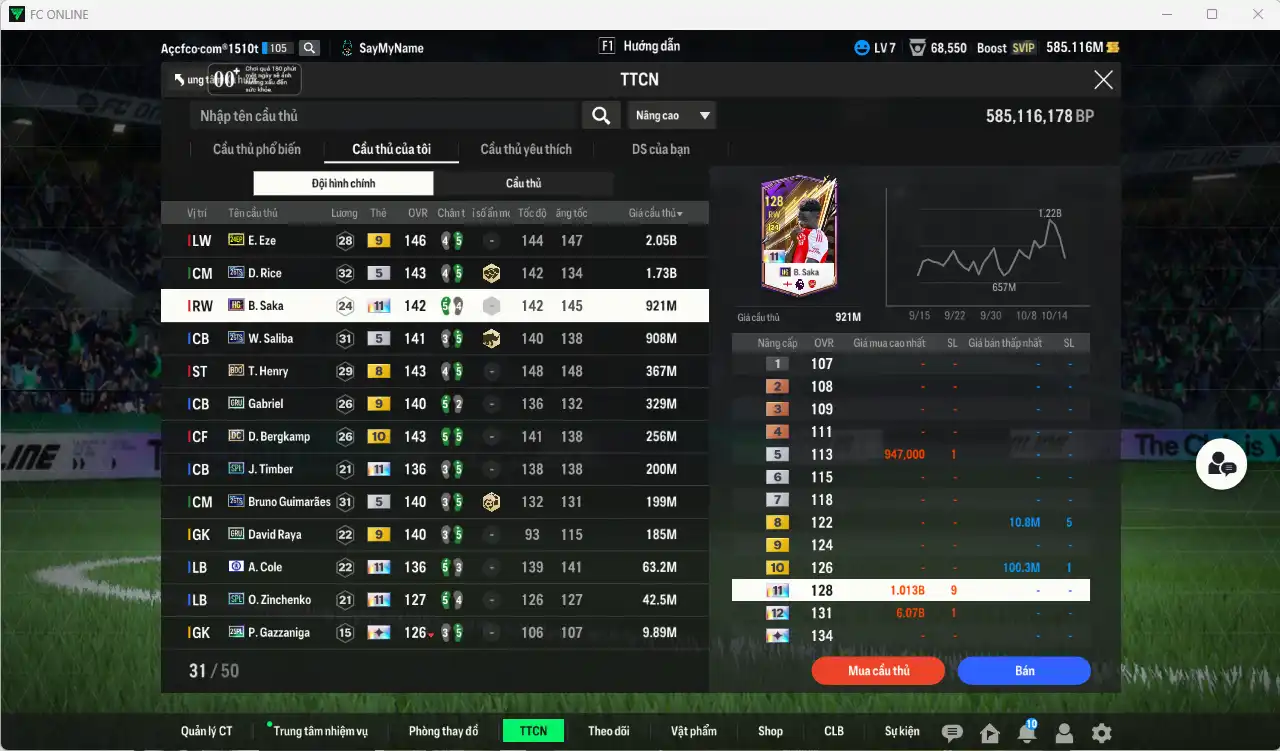 Ảnh Arsenal 7.277b có Eze 24EP+9, Rice 26TS, Saka HG+11, Saliba 26TS… Có thẻ đổi tên. HLV Xịn