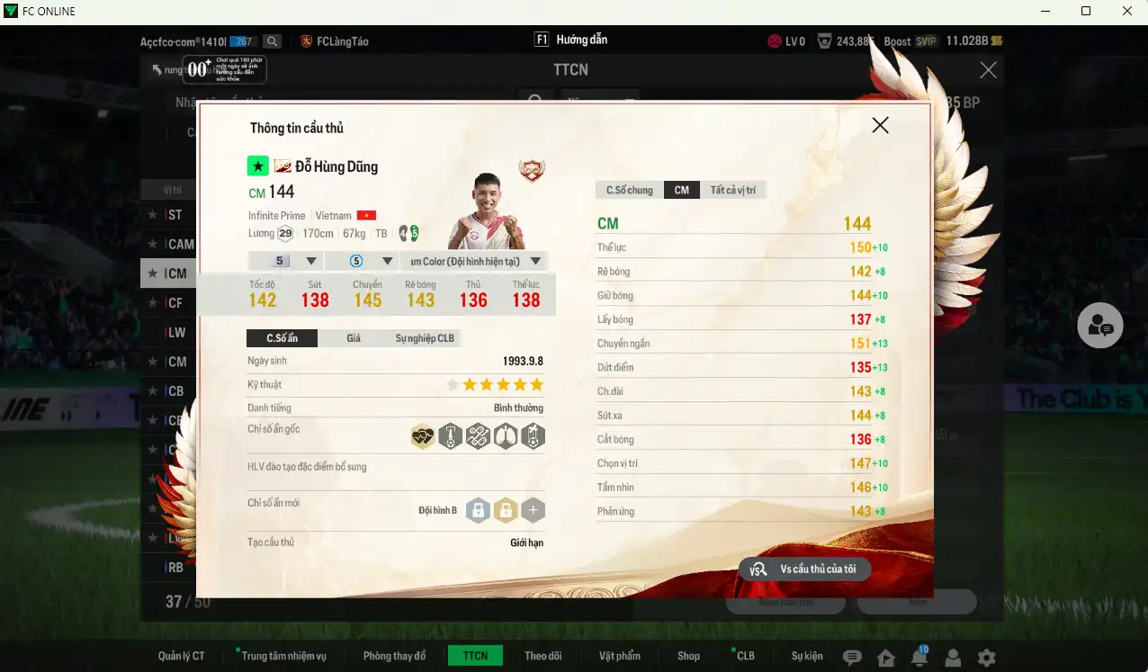 Ảnh Team Việt Nam có Hùng Dũng IP, Quang Hải IP vs 11,02b BP trắng, có thẻ đổi tên, full miniface, còn nhiều thẻ GIẢM THUẾ. HLV Siêu Xịn, đã full đào tạo chiến thuật, dư rất nhiều CP và TC