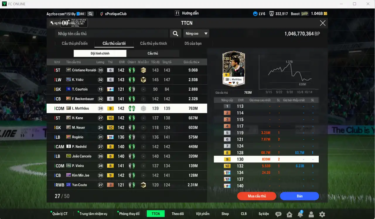 Ảnh Quốc Dân 20.840b dư 1b có CR6 WS+6, Yildiz 26TS+6, Beckenbauer WG+6, Matthaus DC+9, Kane DC+10, Rogério HW+11… Còn nhiều thẻ GIẢM THUẾ. HLV Xịn, dư nhiều CP, đã full đào tạo chiến thuật vs chỉ số ct