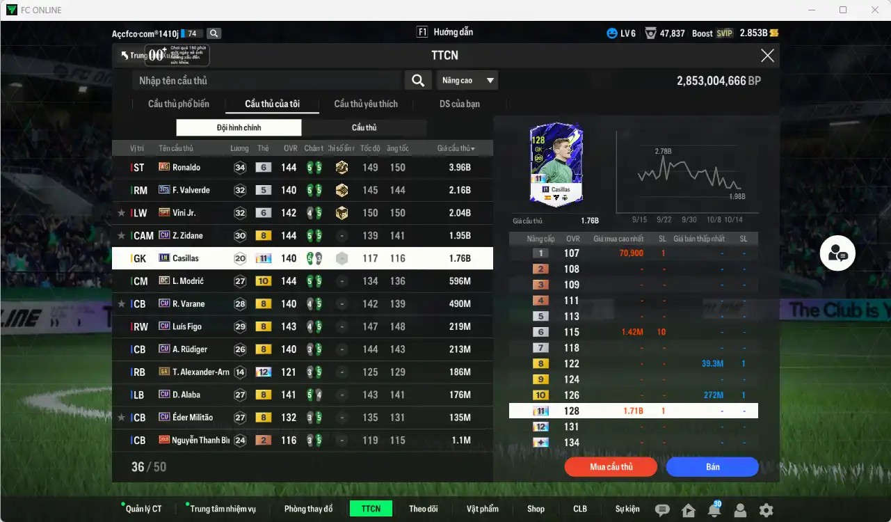 Ảnh Real Madrid 13.886b dư 2,8b có Ronaldo WG+6, Vini SPT+6, Valverde 26TS+6, Zidane CU, Casillas LN+11, Modric DC+10… HLV Xịn