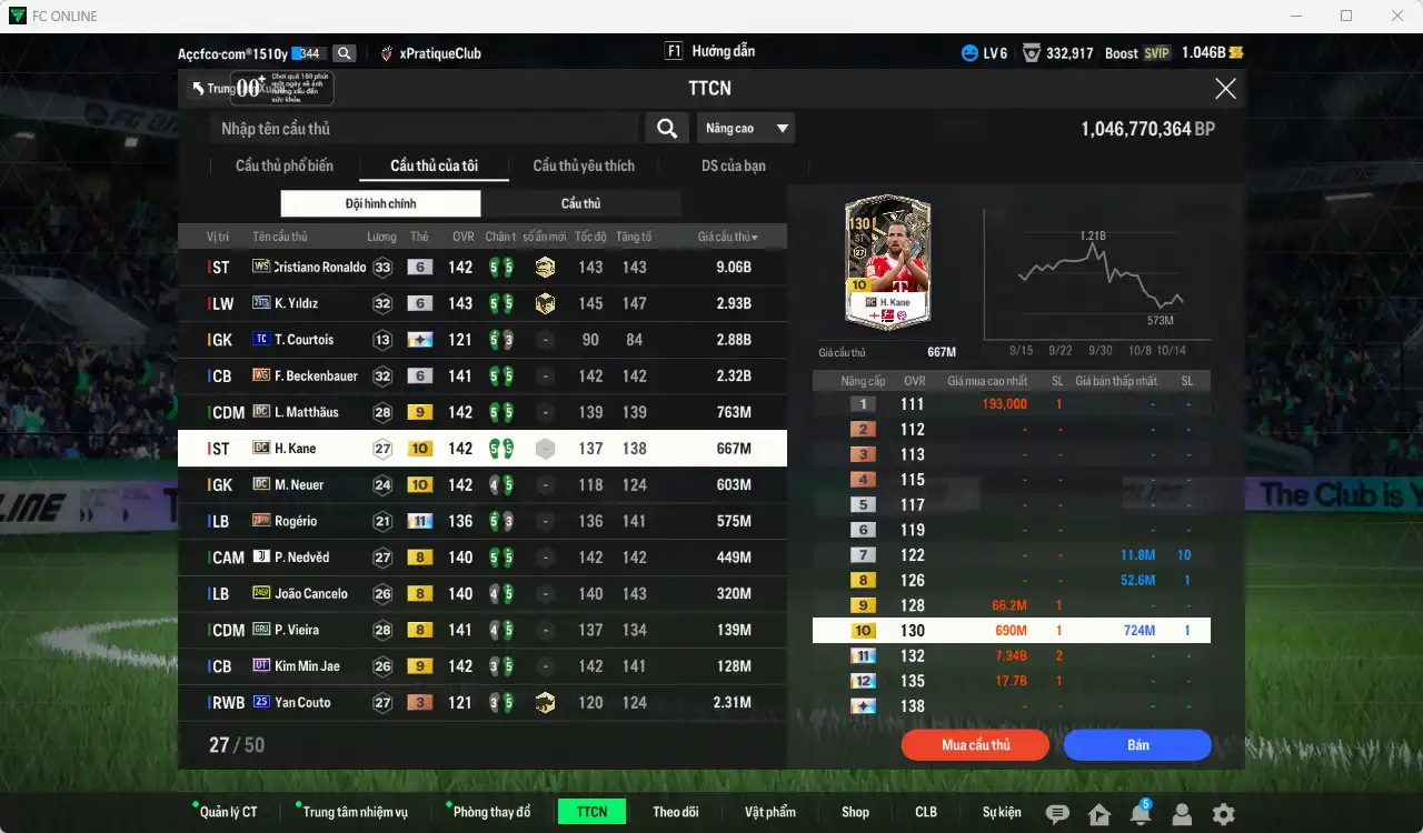 Ảnh Quốc Dân 20.840b dư 1b có CR6 WS+6, Yildiz 26TS+6, Beckenbauer WG+6, Matthaus DC+9, Kane DC+10, Rogério HW+11… Còn nhiều thẻ GIẢM THUẾ. HLV Xịn, dư nhiều CP, đã full đào tạo chiến thuật vs chỉ số ct