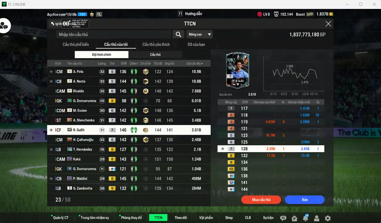 Ảnh AC Milan 57.687b dư 1,8b có Rivaldo ITM+6, Nesta ITM, Pirlo ITM, Sheva WG+7, Essien ITM+6, Gullit FAC+7, Calhanoglu SPT+6… Full miniface, còn thẻ GIẢM THUẾ. HLV Xịn, dư nhiều CP, đã full đào tạo chiến thuật vs chỉ số ct