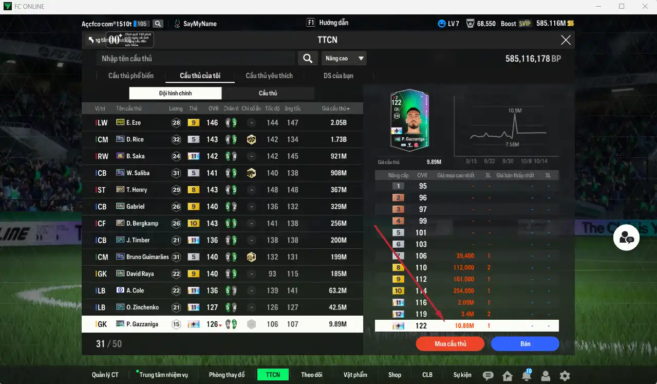 Ảnh Arsenal 7.277b có Eze 24EP+9, Rice 26TS, Saka HG+11, Saliba 26TS… Có thẻ đổi tên. HLV Xịn