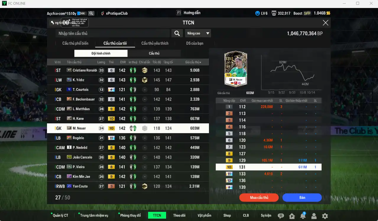 Ảnh Quốc Dân 20.840b dư 1b có CR6 WS+6, Yildiz 26TS+6, Beckenbauer WG+6, Matthaus DC+9, Kane DC+10, Rogério HW+11… Còn nhiều thẻ GIẢM THUẾ. HLV Xịn, dư nhiều CP, đã full đào tạo chiến thuật vs chỉ số ct