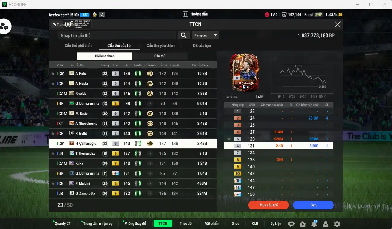 Ảnh AC Milan 57.687b dư 1,8b có Rivaldo ITM+6, Nesta ITM, Pirlo ITM, Sheva WG+7, Essien ITM+6, Gullit FAC+7, Calhanoglu SPT+6… Full miniface, còn thẻ GIẢM THUẾ. HLV Xịn, dư nhiều CP, đã full đào tạo chiến thuật vs chỉ số ct