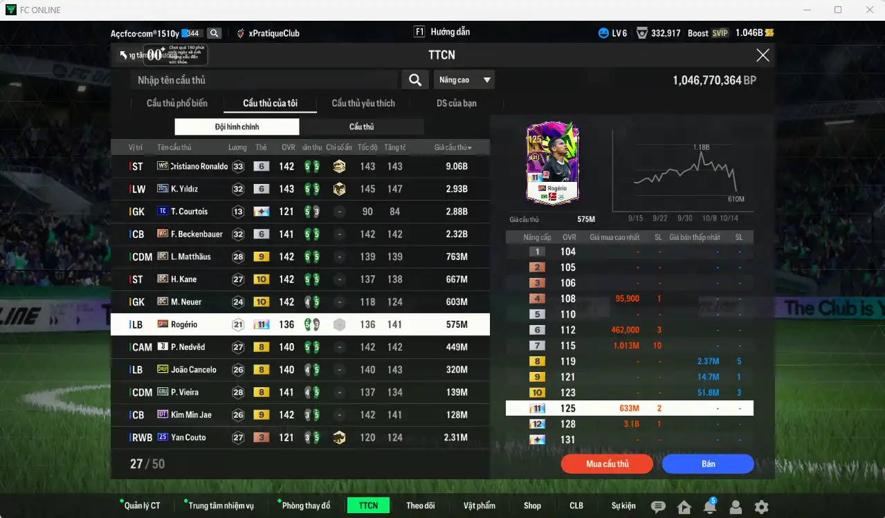 Ảnh Quốc Dân 20.840b dư 1b có CR6 WS+6, Yildiz 26TS+6, Beckenbauer WG+6, Matthaus DC+9, Kane DC+10, Rogério HW+11… Còn nhiều thẻ GIẢM THUẾ. HLV Xịn, dư nhiều CP, đã full đào tạo chiến thuật vs chỉ số ct