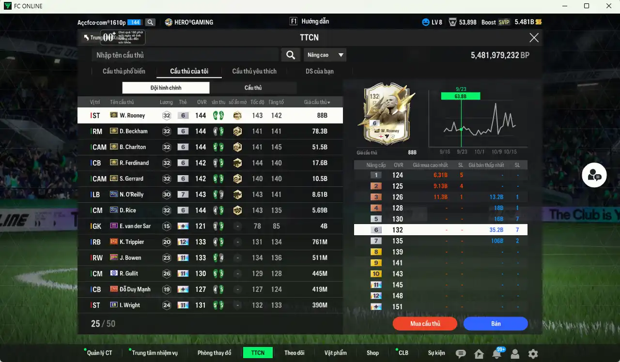Ảnh Team Anh 267.682b dư 5,4b có Beckham ITM+6, Rooney ITM+6, Charlton ITM+6, Gerrard ITM+6, Ferdinand ITM+6, O’Reilly 26TS+7, Rice 26TS+6 vs nhiều cầu thủ fix BP, còn thẻ GIẢM THUẾ. HLV Xịn, gần full đào tạo chiến thuật vs chỉ số ct