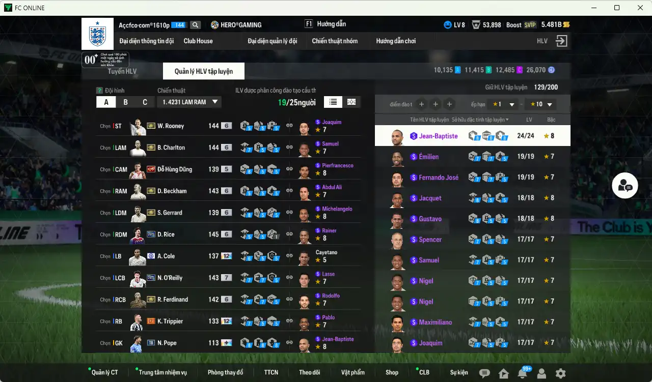 Ảnh Team Anh 267.682b dư 5,4b có Beckham ITM+6, Rooney ITM+6, Charlton ITM+6, Gerrard ITM+6, Ferdinand ITM+6, O’Reilly 26TS+7, Rice 26TS+6 vs nhiều cầu thủ fix BP, còn thẻ GIẢM THUẾ. HLV Xịn, gần full đào tạo chiến thuật vs chỉ số ct