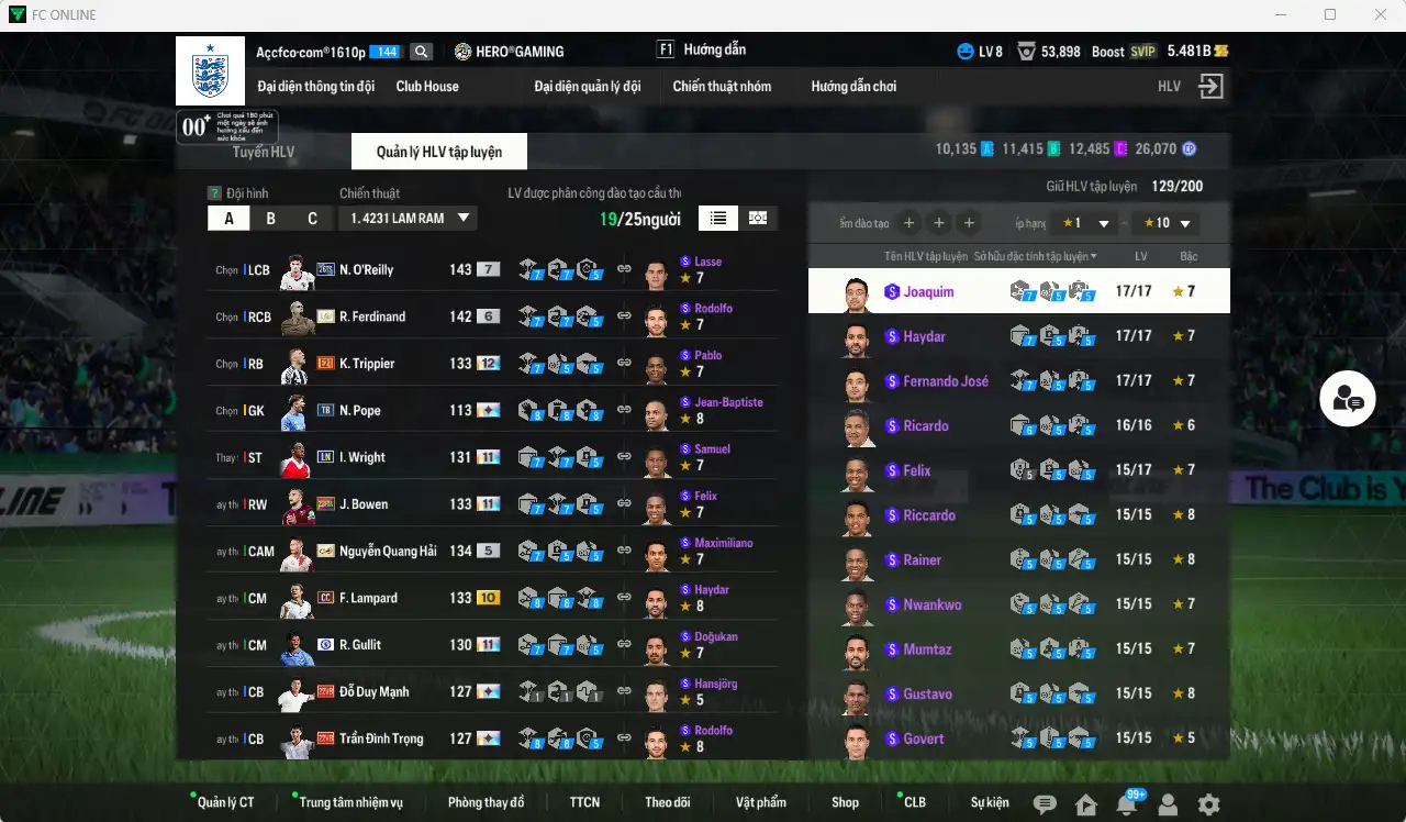 Ảnh Team Anh 267.682b dư 5,4b có Beckham ITM+6, Rooney ITM+6, Charlton ITM+6, Gerrard ITM+6, Ferdinand ITM+6, O’Reilly 26TS+7, Rice 26TS+6 vs nhiều cầu thủ fix BP, còn thẻ GIẢM THUẾ. HLV Xịn, gần full đào tạo chiến thuật vs chỉ số ct
