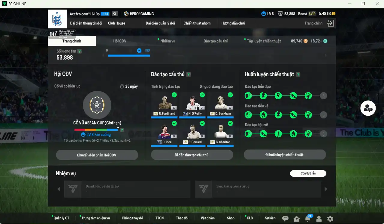 Ảnh Team Anh 267.682b dư 5,4b có Beckham ITM+6, Rooney ITM+6, Charlton ITM+6, Gerrard ITM+6, Ferdinand ITM+6, O’Reilly 26TS+7, Rice 26TS+6 vs nhiều cầu thủ fix BP, còn thẻ GIẢM THUẾ. HLV Xịn, gần full đào tạo chiến thuật vs chỉ số ct