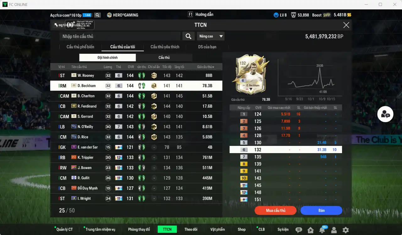 Ảnh Team Anh 267.682b dư 5,4b có Beckham ITM+6, Rooney ITM+6, Charlton ITM+6, Gerrard ITM+6, Ferdinand ITM+6, O’Reilly 26TS+7, Rice 26TS+6 vs nhiều cầu thủ fix BP, còn thẻ GIẢM THUẾ. HLV Xịn, gần full đào tạo chiến thuật vs chỉ số ct