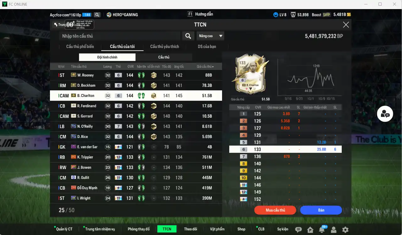Ảnh Team Anh 267.682b dư 5,4b có Beckham ITM+6, Rooney ITM+6, Charlton ITM+6, Gerrard ITM+6, Ferdinand ITM+6, O’Reilly 26TS+7, Rice 26TS+6 vs nhiều cầu thủ fix BP, còn thẻ GIẢM THUẾ. HLV Xịn, gần full đào tạo chiến thuật vs chỉ số ct