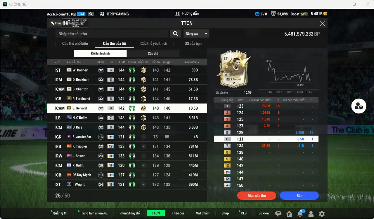 Ảnh Team Anh 267.682b dư 5,4b có Beckham ITM+6, Rooney ITM+6, Charlton ITM+6, Gerrard ITM+6, Ferdinand ITM+6, O’Reilly 26TS+7, Rice 26TS+6 vs nhiều cầu thủ fix BP, còn thẻ GIẢM THUẾ. HLV Xịn, gần full đào tạo chiến thuật vs chỉ số ct