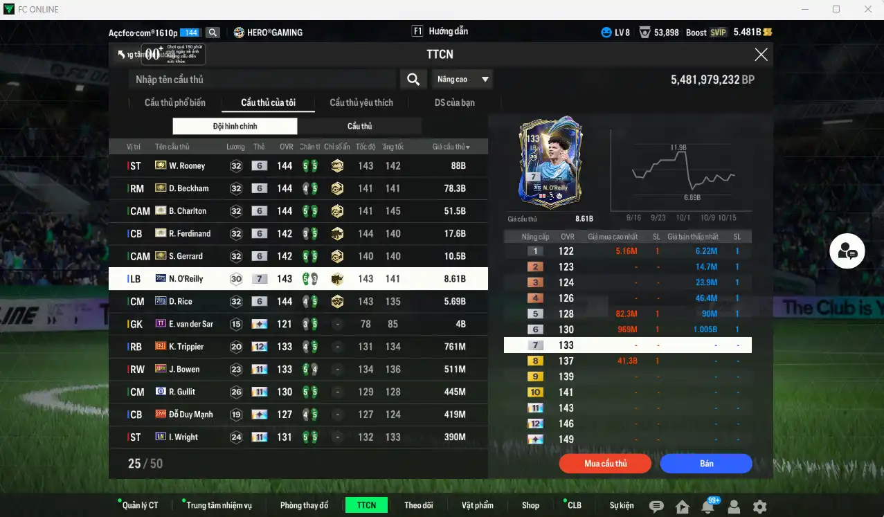 Ảnh Team Anh 267.682b dư 5,4b có Beckham ITM+6, Rooney ITM+6, Charlton ITM+6, Gerrard ITM+6, Ferdinand ITM+6, O’Reilly 26TS+7, Rice 26TS+6 vs nhiều cầu thủ fix BP, còn thẻ GIẢM THUẾ. HLV Xịn, gần full đào tạo chiến thuật vs chỉ số ct