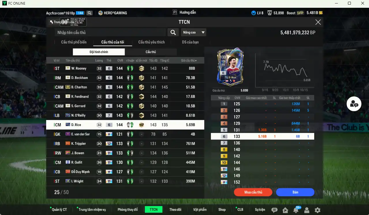 Ảnh Team Anh 267.682b dư 5,4b có Beckham ITM+6, Rooney ITM+6, Charlton ITM+6, Gerrard ITM+6, Ferdinand ITM+6, O’Reilly 26TS+7, Rice 26TS+6 vs nhiều cầu thủ fix BP, còn thẻ GIẢM THUẾ. HLV Xịn, gần full đào tạo chiến thuật vs chỉ số ct