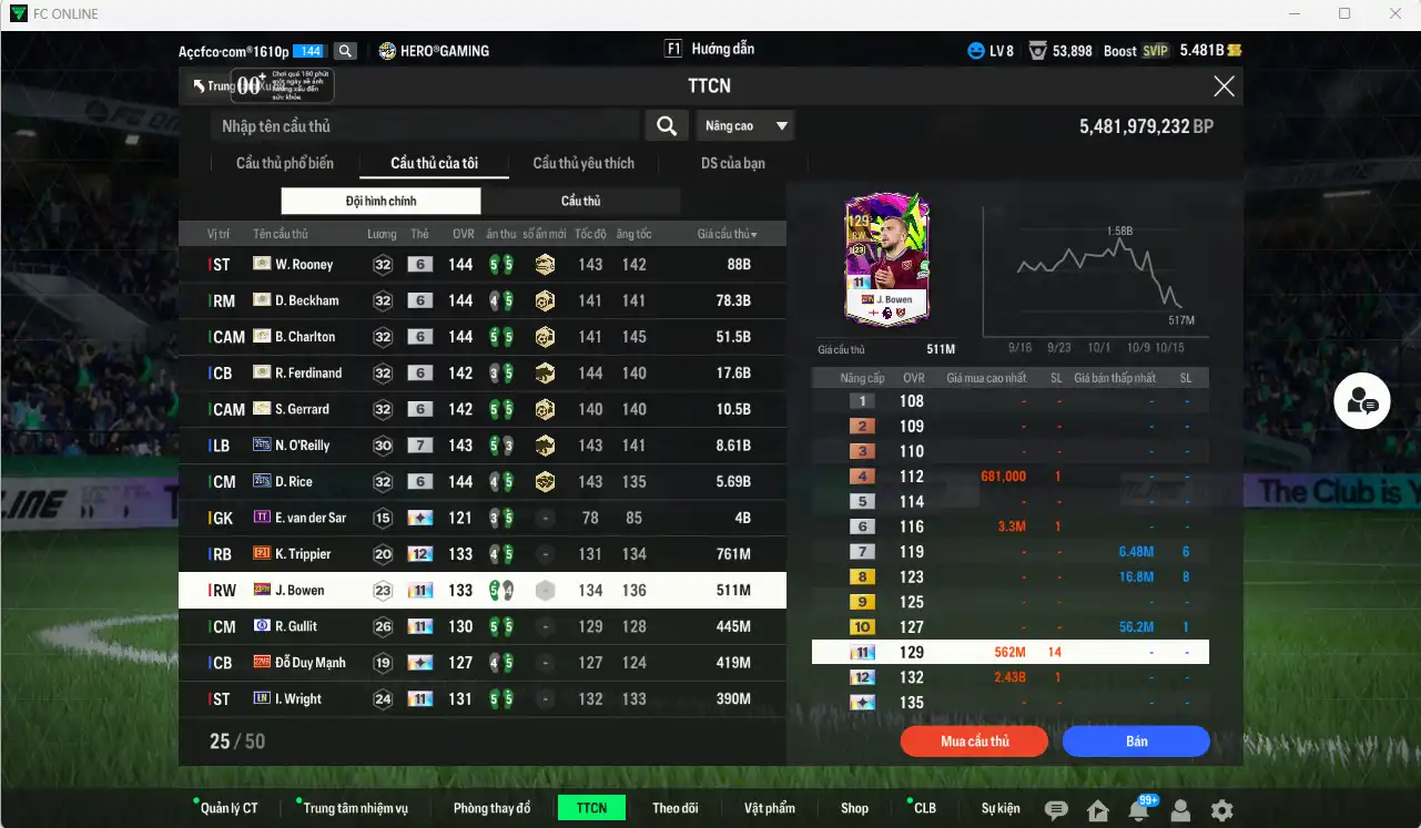 Ảnh Team Anh 267.682b dư 5,4b có Beckham ITM+6, Rooney ITM+6, Charlton ITM+6, Gerrard ITM+6, Ferdinand ITM+6, O’Reilly 26TS+7, Rice 26TS+6 vs nhiều cầu thủ fix BP, còn thẻ GIẢM THUẾ. HLV Xịn, gần full đào tạo chiến thuật vs chỉ số ct
