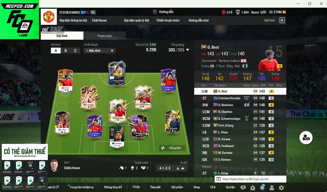 Man Utd. 8.290b có Schweinsteiger ITM, Park ITM, Charlton WG+6, CR7 26TS, Best JNM+9, Beckham CU…  Còn thẻ GIẢM THUẾ