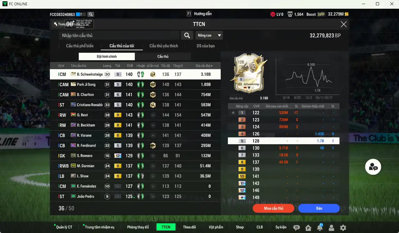 Ảnh Man Utd. 8.290b có Schweinsteiger ITM, Park ITM, Charlton WG+6, CR7 26TS, Best JNM+9, Beckham CU…  Còn thẻ GIẢM THUẾ