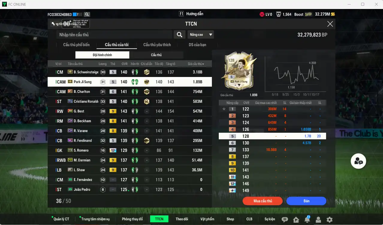 Ảnh Man Utd. 8.290b có Schweinsteiger ITM, Park ITM, Charlton WG+6, CR7 26TS, Best JNM+9, Beckham CU…  Còn thẻ GIẢM THUẾ