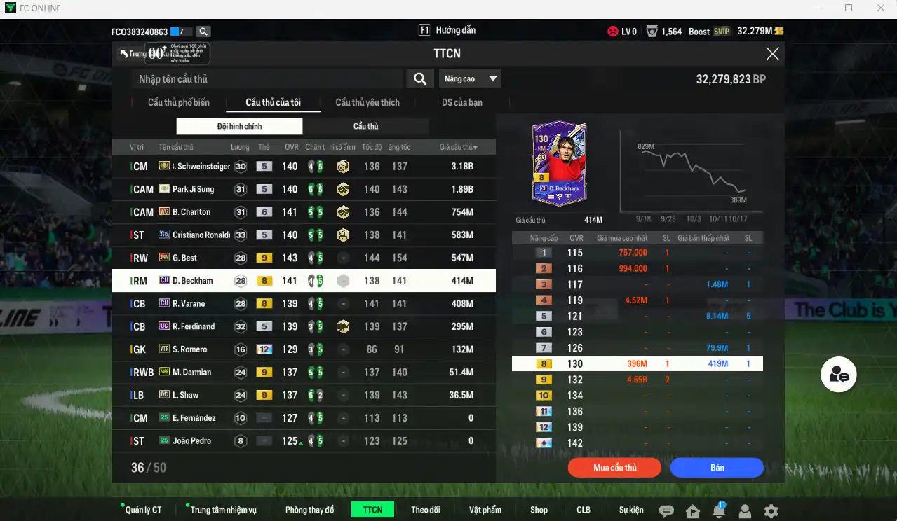 Ảnh Man Utd. 8.290b có Schweinsteiger ITM, Park ITM, Charlton WG+6, CR7 26TS, Best JNM+9, Beckham CU…  Còn thẻ GIẢM THUẾ