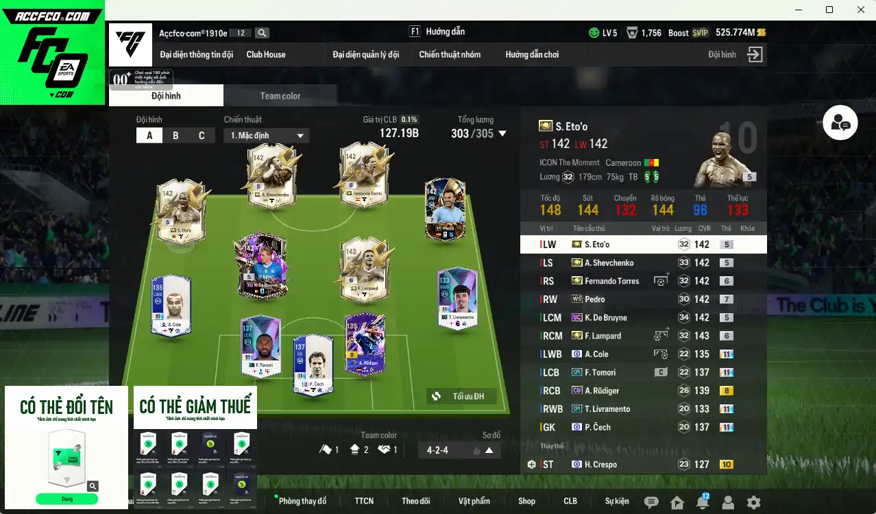 Chelsea 127.190b có Sheva ITM, Torres ITM+6, Eto ITM, Lampard ITM+6, Pedro WS+7, De Bruyne UC…Còn thẻ GIẢM THUẾ. HLV tạm