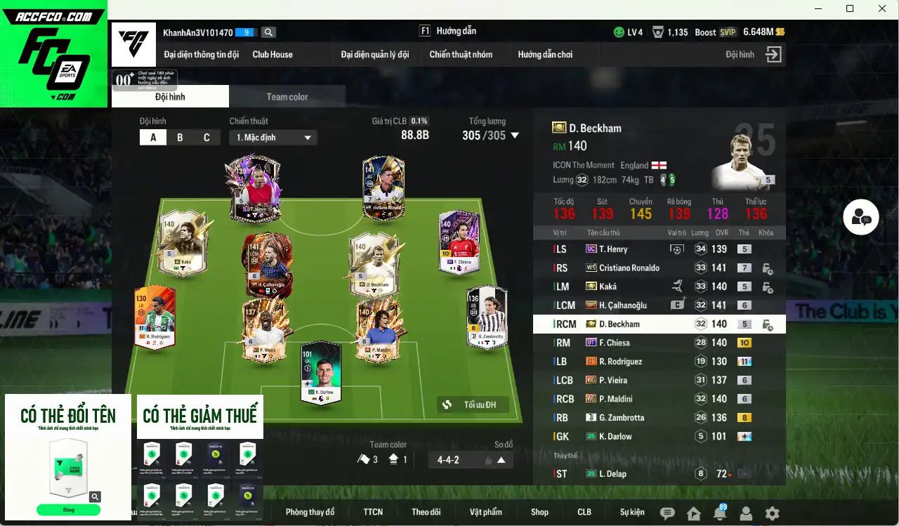 AC Milan 88.800b có Beckham ITM, Kaká ITM, CR7 WS+7, Henry UC, Calhanoglu SPT+6…Còn thẻ GIẢM THUẾ
