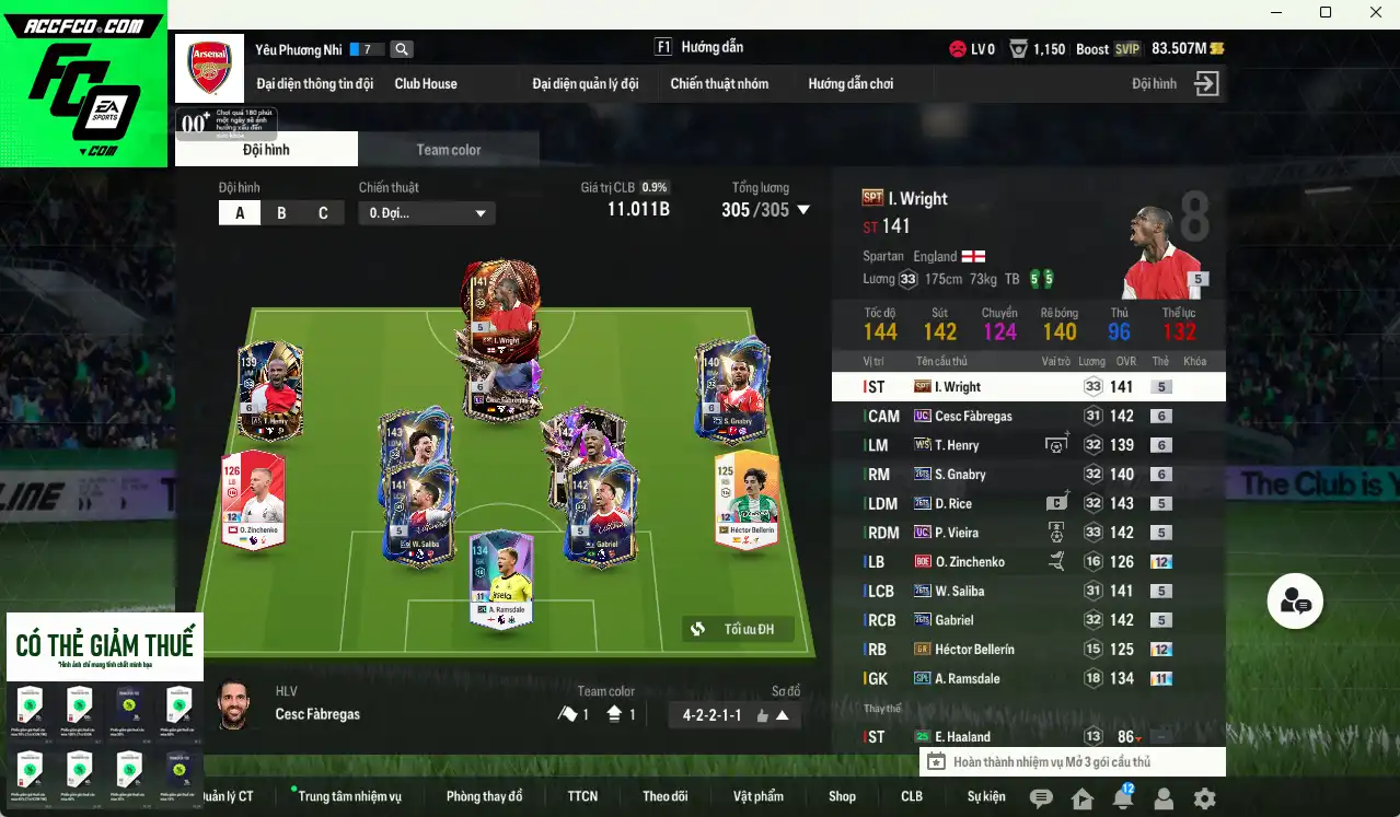 Arsenal 11.011b có Gnabry 26TS+6, Henry WS+6, Rice 26TS, Gabriel 26TS, Vieira UC, Cesc UC+6, Wright SPT, Saliba 26TS… Còn nhiều thẻ GIẢM THUẾ